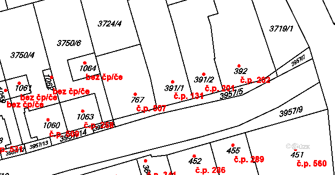 Dědice 131, Vyškov na parcele st. 391/1 v KÚ Dědice u Vyškova, Katastrální mapa