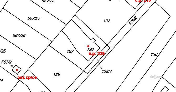 Donín 225, Hrádek nad Nisou na parcele st. 126 v KÚ Donín u Hrádku nad Nisou, Katastrální mapa