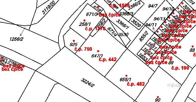 Stříbro 442 na parcele st. 647/1 v KÚ Stříbro, Katastrální mapa