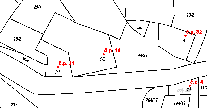 Hvozdečko 11, Bouzov na parcele st. 1/2 v KÚ Hvozdečko, Katastrální mapa