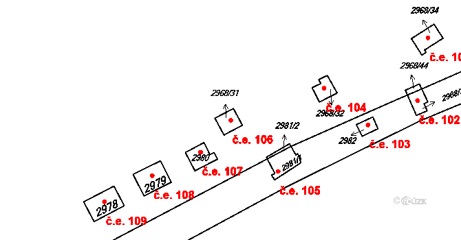 Kadaň 106 na parcele st. 2968/31 v KÚ Kadaň, Katastrální mapa