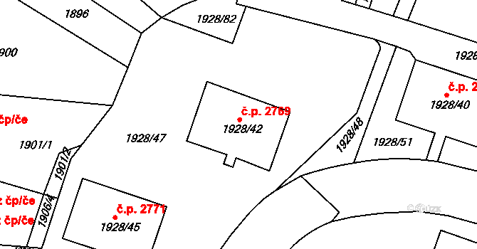 Teplice 2769 na parcele st. 1928/42 v KÚ Teplice, Katastrální mapa