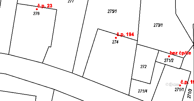 Suchdol nad Lužnicí 194 na parcele st. 274 v KÚ Suchdol nad Lužnicí, Katastrální mapa