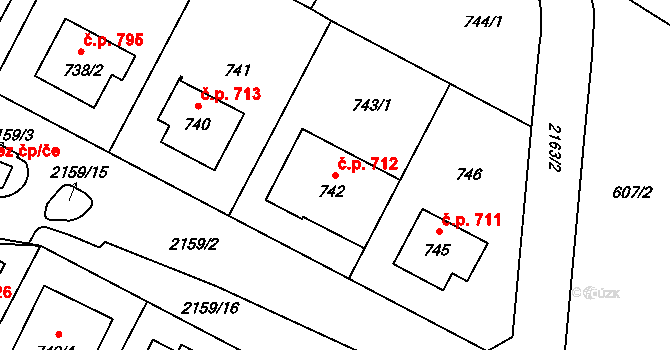 Ruzyně 712, Praha na parcele st. 742 v KÚ Ruzyně, Katastrální mapa