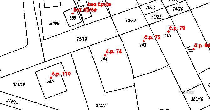 Popovice 74, Králův Dvůr na parcele st. 144 v KÚ Popovice u Králova Dvora, Katastrální mapa