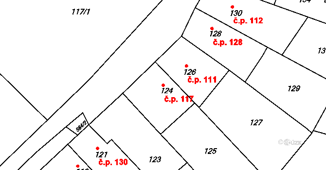 Kanice 117 na parcele st. 124 v KÚ Kanice, Katastrální mapa