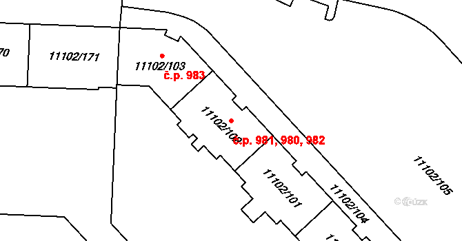 Severní Předměstí 980,981,982, Plzeň na parcele st. 11102/101 v KÚ Plzeň, Katastrální mapa