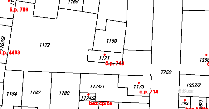 Prostějov 713 na parcele st. 1171 v KÚ Prostějov, Katastrální mapa