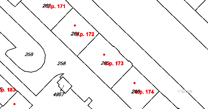 Město 173, Havířov na parcele st. 265 v KÚ Havířov-město, Katastrální mapa