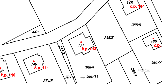 Ohrazenice 113 na parcele st. 171 v KÚ Ohrazenice u Jinec, Katastrální mapa