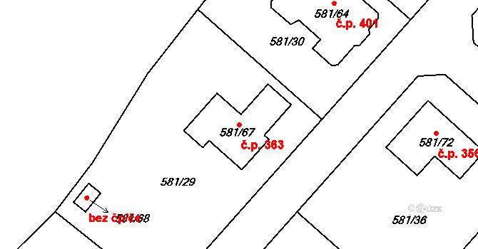 Chotíkov 363 na parcele st. 581/67 v KÚ Chotíkov, Katastrální mapa