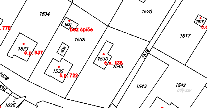 Vsetín 135 na parcele st. 1539 v KÚ Vsetín, Katastrální mapa