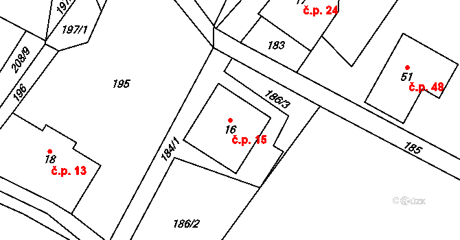 Koníkov 15, Věcov na parcele st. 16 v KÚ Koníkov, Katastrální mapa