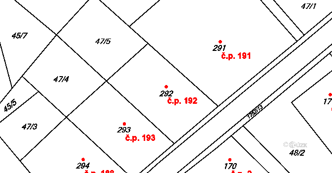 Březůvky 192 na parcele st. 292 v KÚ Březůvky, Katastrální mapa