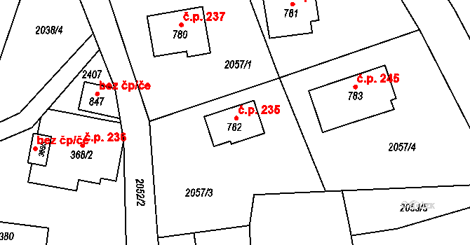 Hanušovice 235 na parcele st. 782 v KÚ Hanušovice, Katastrální mapa