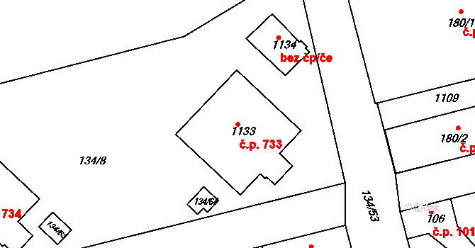 Lobeček 733, Kralupy nad Vltavou na parcele st. 1133 v KÚ Lobeček, Katastrální mapa