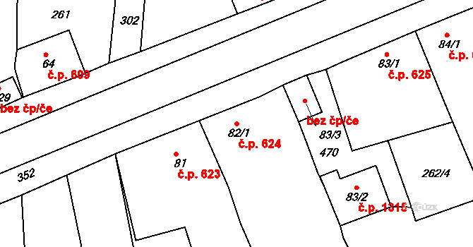 Rudná 624 na parcele st. 82/1 v KÚ Hořelice, Katastrální mapa