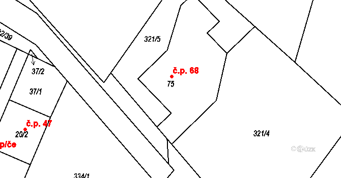 Jezbořice 68 na parcele st. 75 v KÚ Jezbořice, Katastrální mapa