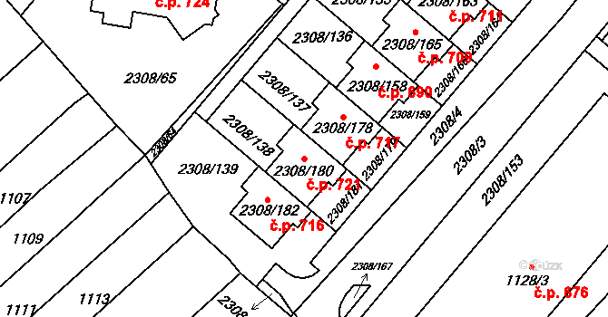 Obřany 721, Brno na parcele st. 2308/180 v KÚ Obřany, Katastrální mapa