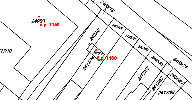 Rakšice 1160, Moravský Krumlov na parcele st. 2407/1 v KÚ Moravský Krumlov, Katastrální mapa
