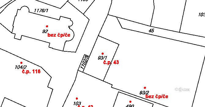 Červené Janovice 43 na parcele st. 93/1 v KÚ Červené Janovice, Katastrální mapa