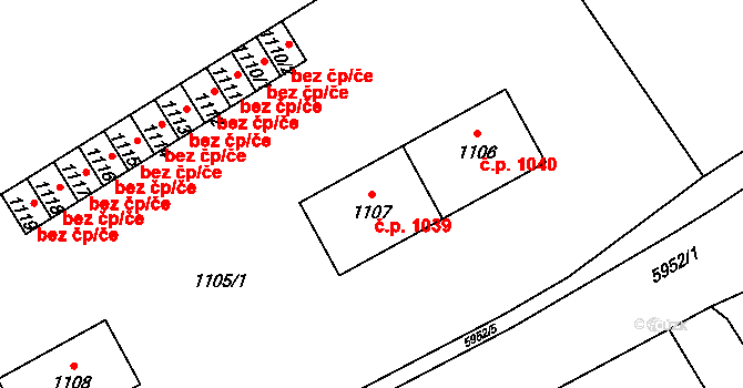 Bystřice 1039 na parcele st. 1107 v KÚ Bystřice nad Olší, Katastrální mapa