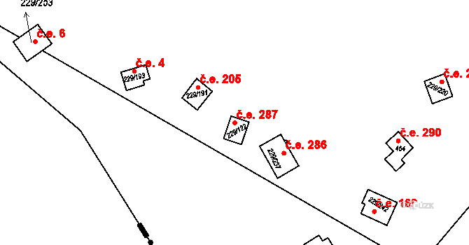 Hostěradice 287, Kamenný Přívoz na parcele st. 229/122 v KÚ Hostěradice, Katastrální mapa