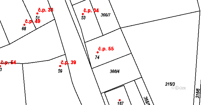 Žižice 55 na parcele st. 74 v KÚ Žižice, Katastrální mapa