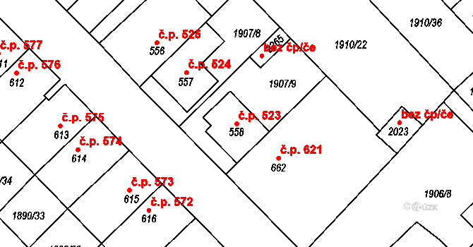 Tišnov 523 na parcele st. 558 v KÚ Tišnov, Katastrální mapa