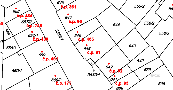 Vyškov-Předměstí 91, Vyškov na parcele st. 645 v KÚ Vyškov, Katastrální mapa