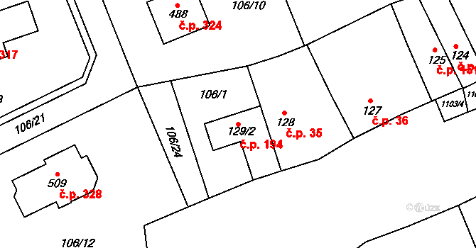 Cerhovice 194 na parcele st. 129/2 v KÚ Cerhovice, Katastrální mapa