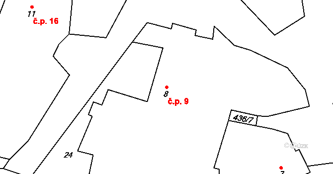 Očín 9, Horní Kozolupy na parcele st. 8 v KÚ Očín, Katastrální mapa