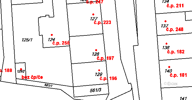 Dolany 197 na parcele st. 128 v KÚ Dolany u Olomouce, Katastrální mapa