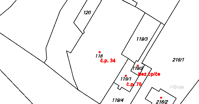 Břuchotín 34, Křelov-Břuchotín na parcele st. 118 v KÚ Břuchotín, Katastrální mapa