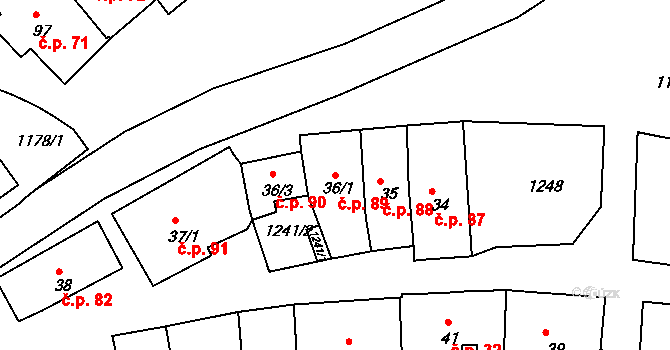 Rožmberk nad Vltavou 89 na parcele st. 36/1 v KÚ Rožmberk nad Vltavou, Katastrální mapa