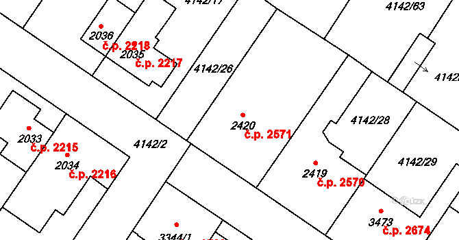 Břeclav 2571 na parcele st. 2420 v KÚ Břeclav, Katastrální mapa