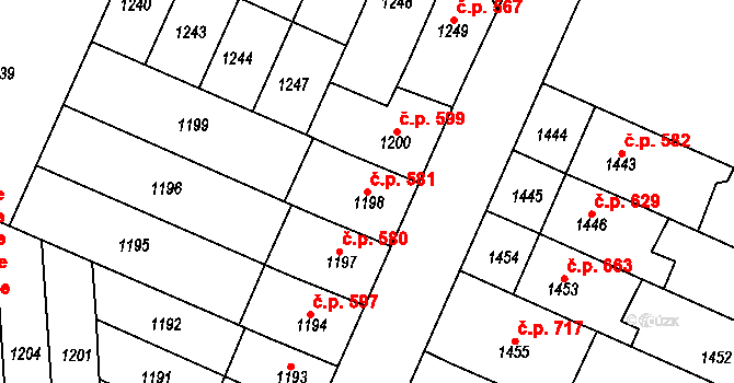 Černovice 581, Brno na parcele st. 1198 v KÚ Černovice, Katastrální mapa