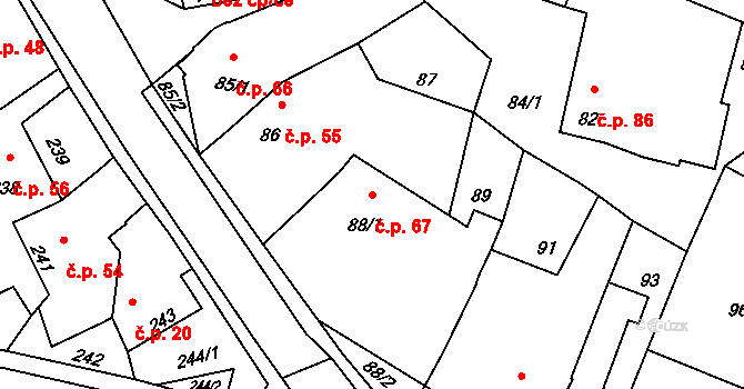 Šebrov 67, Šebrov-Kateřina na parcele st. 88/1 v KÚ Šebrov, Katastrální mapa