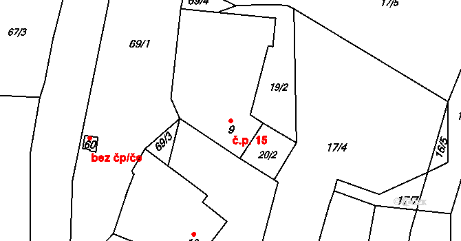 Skrýšov 15, Pelhřimov na parcele st. 9 v KÚ Skrýšov u Pelhřimova, Katastrální mapa