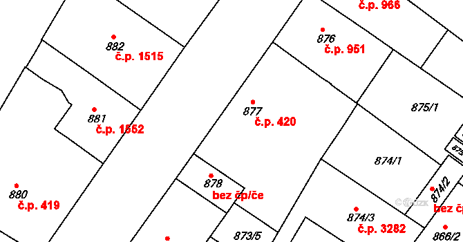 Teplice 420 na parcele st. 877 v KÚ Teplice, Katastrální mapa