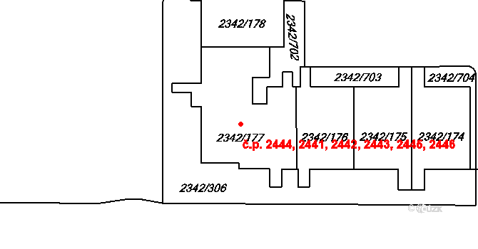 Stodůlky 2441,2442,2443,2444,, Praha na parcele st. 2342/177 v KÚ Stodůlky, Katastrální mapa