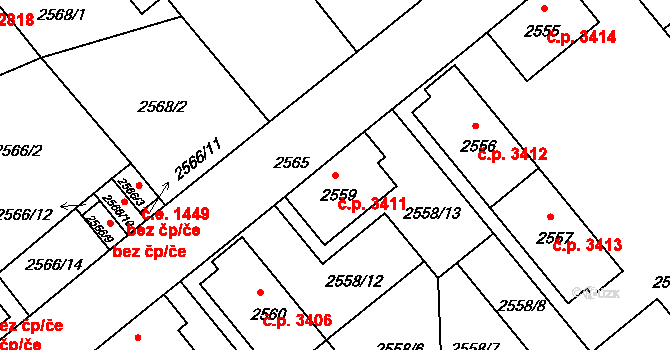 Chomutov 3411 na parcele st. 2559 v KÚ Chomutov II, Katastrální mapa