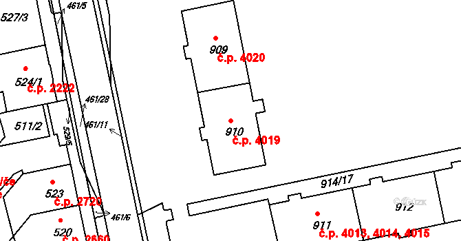 Chomutov 4019 na parcele st. 910 v KÚ Chomutov II, Katastrální mapa