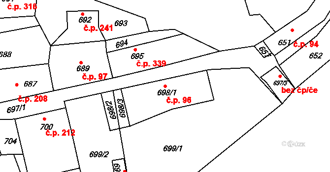 Týnec nad Labem 96 na parcele st. 698/1 v KÚ Týnec nad Labem, Katastrální mapa