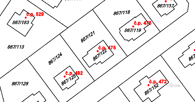 Hřebeč 475 na parcele st. 867/122 v KÚ Hřebeč, Katastrální mapa