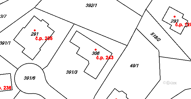 Cvrčovice 243 na parcele st. 306 v KÚ Cvrčovice, Katastrální mapa