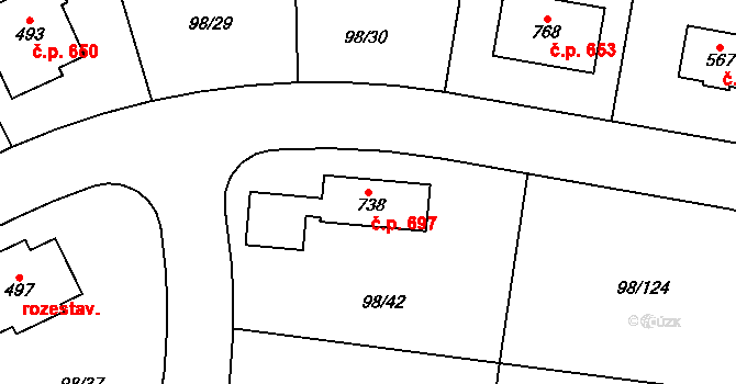 Bašť 697 na parcele st. 738 v KÚ Bašť, Katastrální mapa