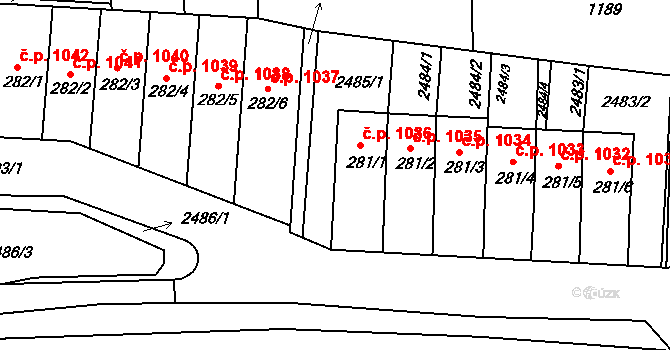 Horažďovice 1036 na parcele st. 281/1 v KÚ Zářečí u Horažďovic, Katastrální mapa