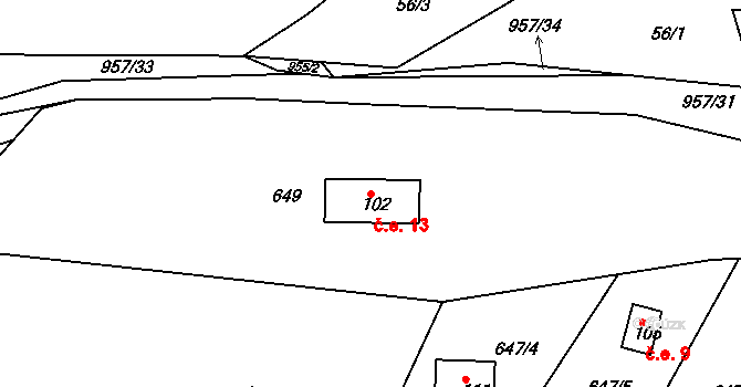 Louňová 13 na parcele st. 102 v KÚ Louňová, Katastrální mapa