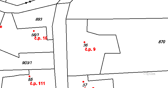 Nové Osinalice 9, Medonosy na parcele st. 36 v KÚ Osinalice, Katastrální mapa